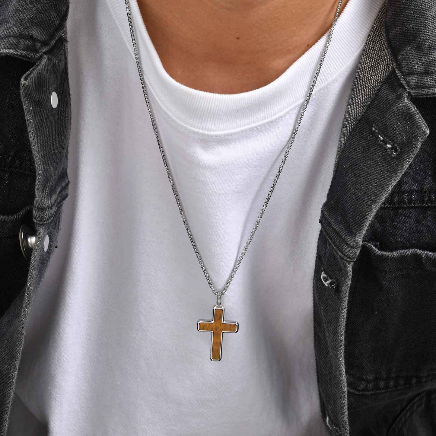 Kemstone Stainless Steel Cross Pendant Necklace – Tiger Eye & Turquoise Inlay for Men PN-2224