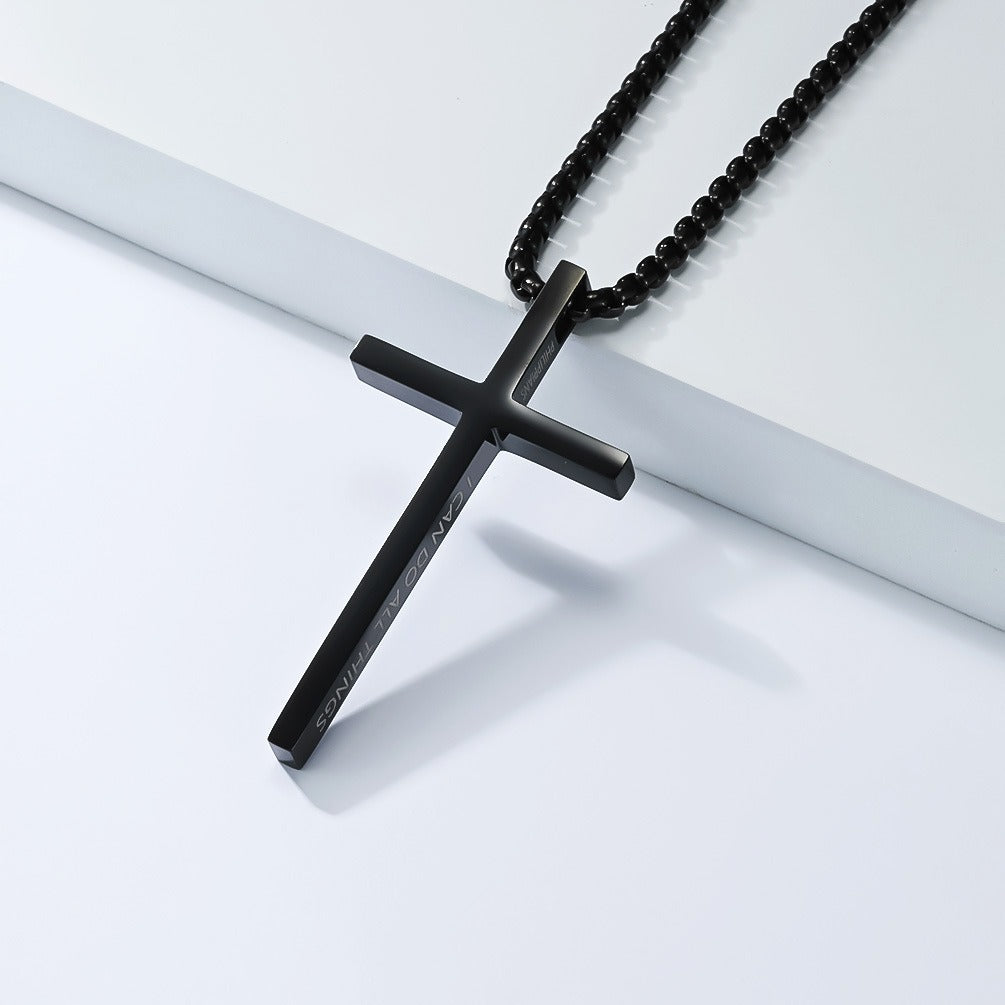 Kemstone Stainless Steel Engraved Cross Pendant Necklace for Men Minimalist Bar Chain K-PT670