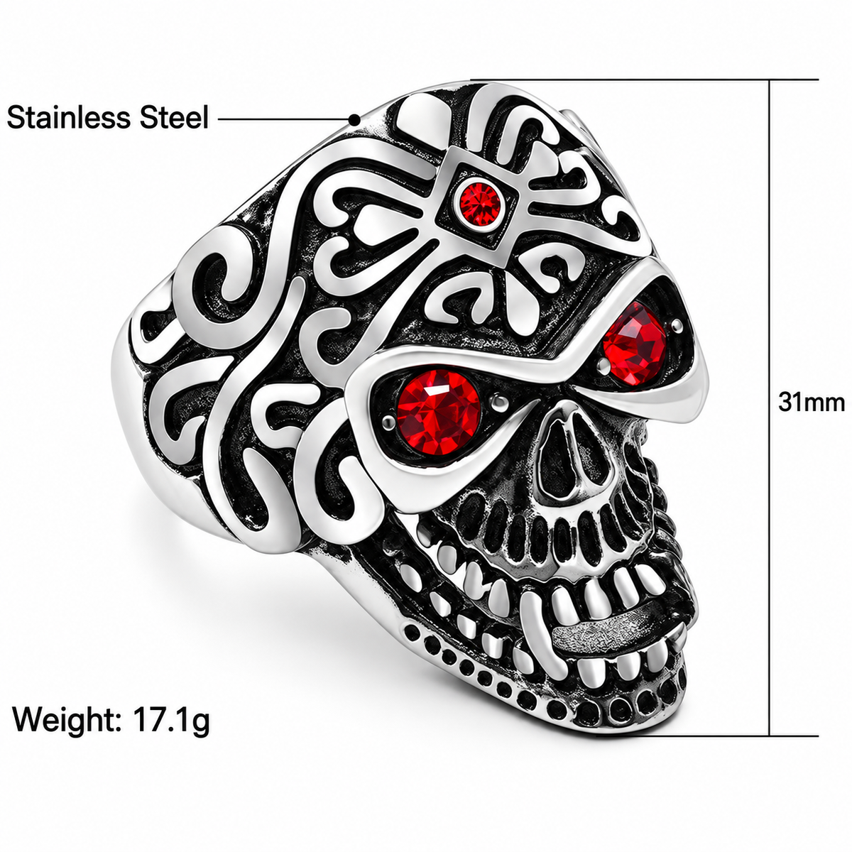 Kemstone Red Stone Skull Ring for Men Titanium Steel Punk TR0076