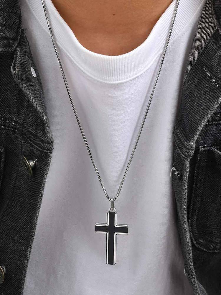 Kemstone Stainless Steel Cross Pendant Necklace – Tiger Eye & Turquoise Inlay for Men PN-2224