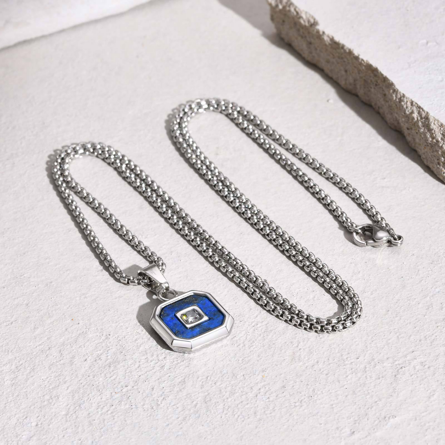 Kemstone Men’s Stainless Steel Lapis Lazuli Cubic Zirconia Pendant Necklace – Gold Silver Black PN-2074