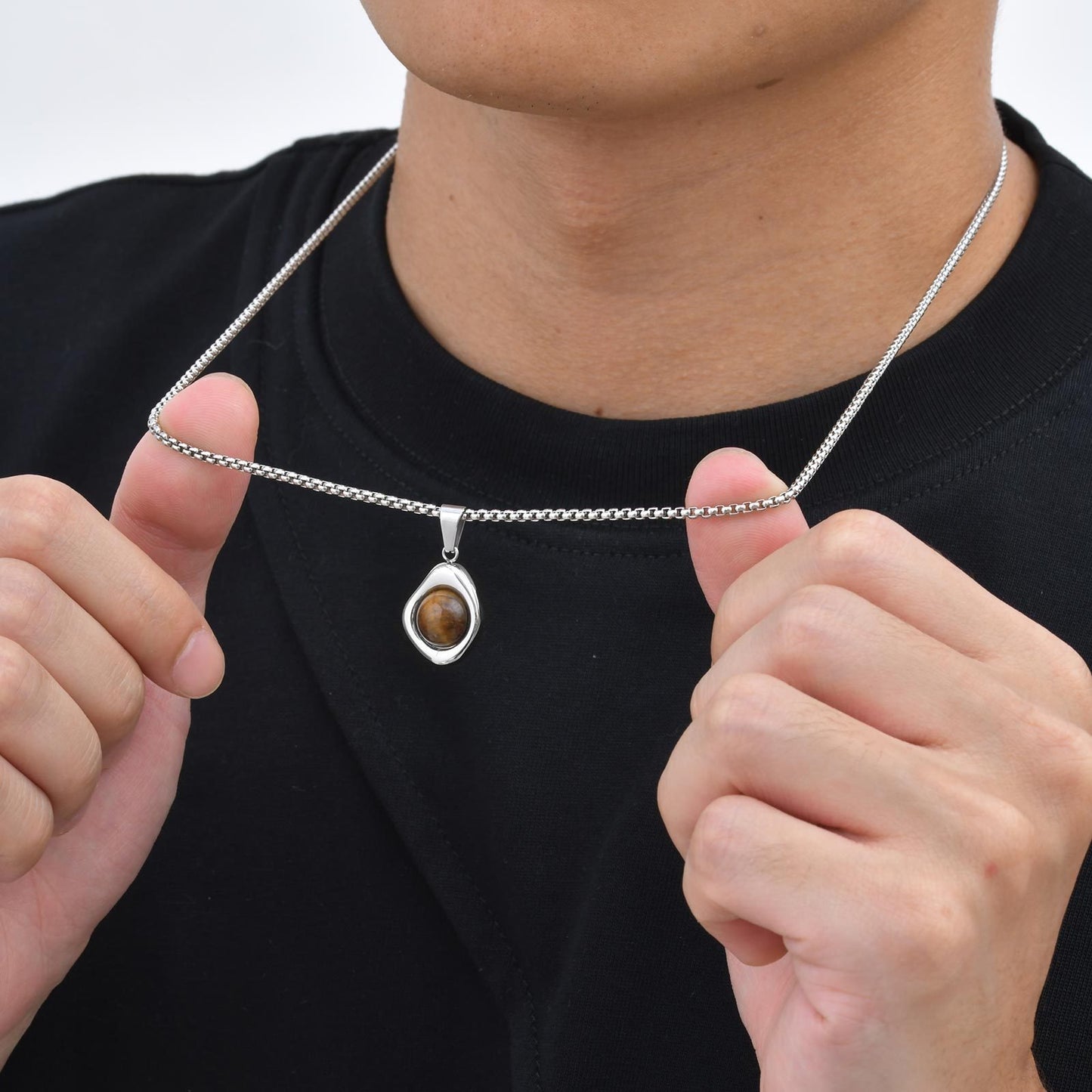 Kemstone Men’s Stainless Steel Necklace – Irregular Natural Stone Pendant Tiger Eye / Onyx / Turquoise PN-2189