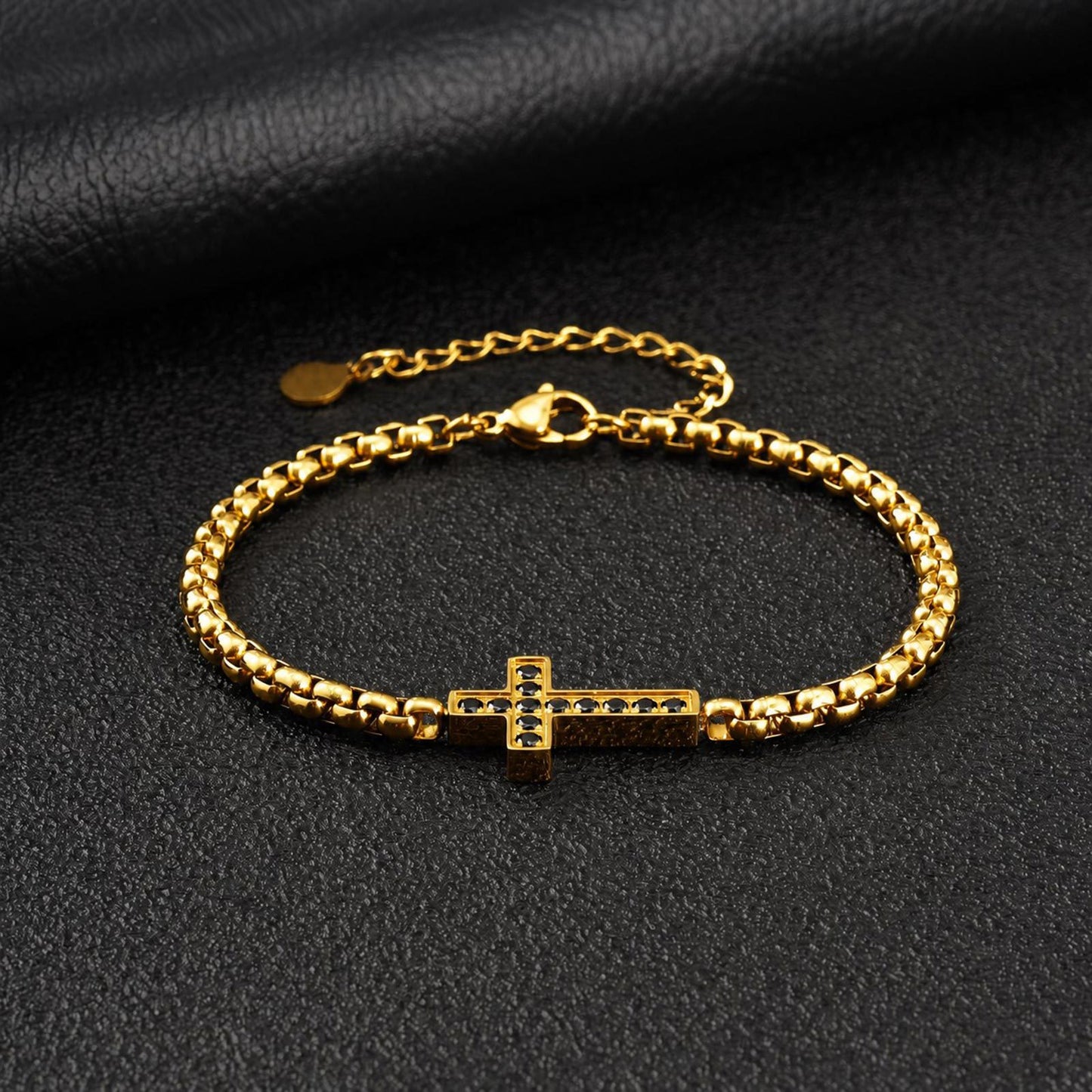 Kemstone Stainless Steel Cross Bracelet for Men Black Cubic Zirconia Box Chain BR-2766