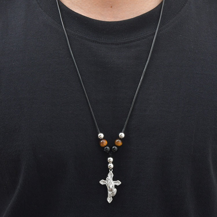 Kemston Beaded Cross Necklace for Men Black Onyx Tiger Eye Stainless Steel Adjustable Rope Pendant NC-2783