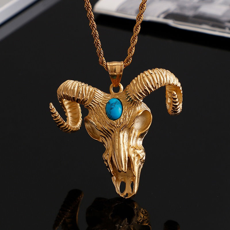 Kemstone Titanium Steel Ram Skull Pendant Necklace for Men – Vintage Horned Symbol KP79917-K