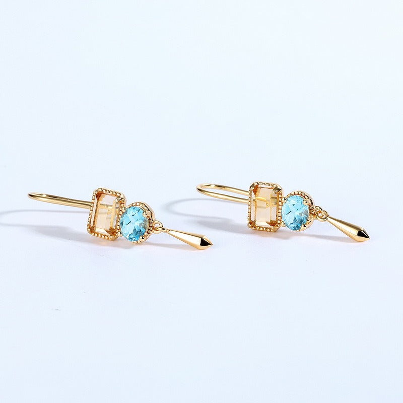 Pendientes geométricos de lujo de Kemstone, hechos a mano, con citrino natural y topacio azul suizo, diseño original - Plata de ley S925 bañada en oro