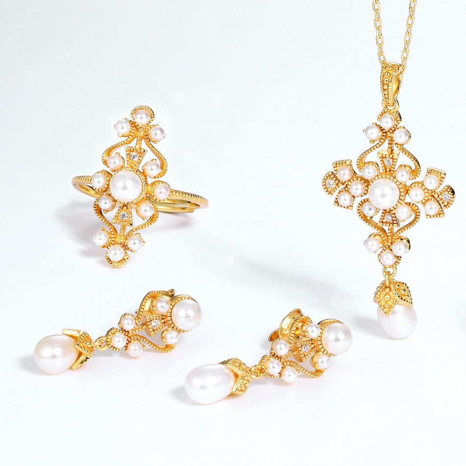 Kemstone Handcrafted Original Design Vintage-Inspired Freshwater Pearl Pendant Necklace, S925 Sterling Silver with 9K Gold Plating