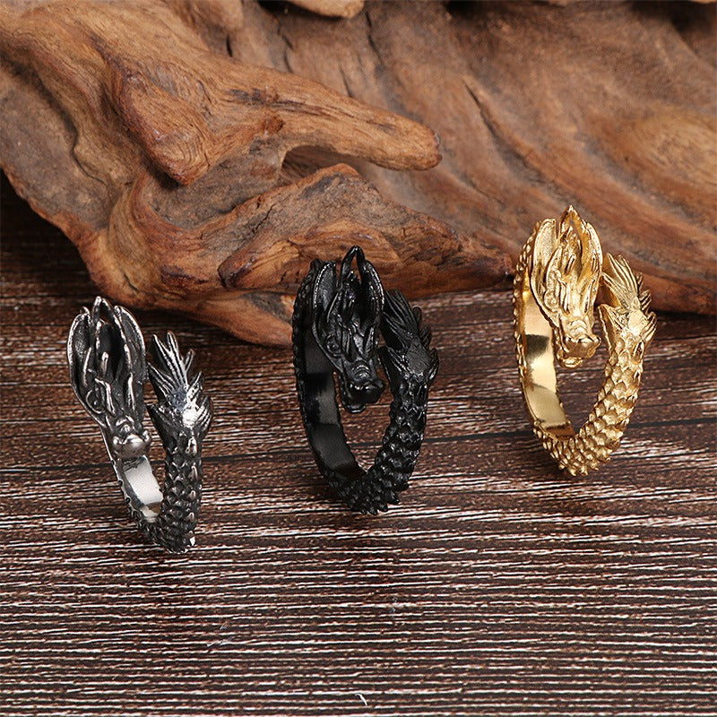 Kemstone Stainless Steel Bold Dragon Head Ring - Adjustable Open-End Ring for Men, Ethnic Retro Jewelry for Everyday Wear KR53285-K