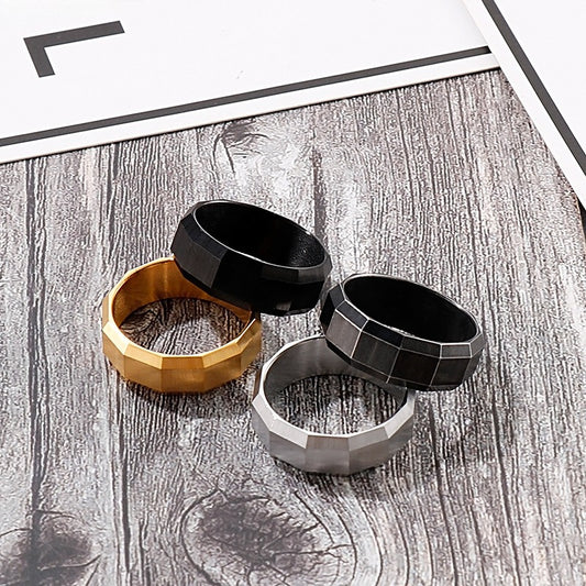 Kemstone Dark Gothic Round Edge Men's Ring - Geometric Cut Titanium Steel Band for Edgy Vintage Style KR100827-KFC