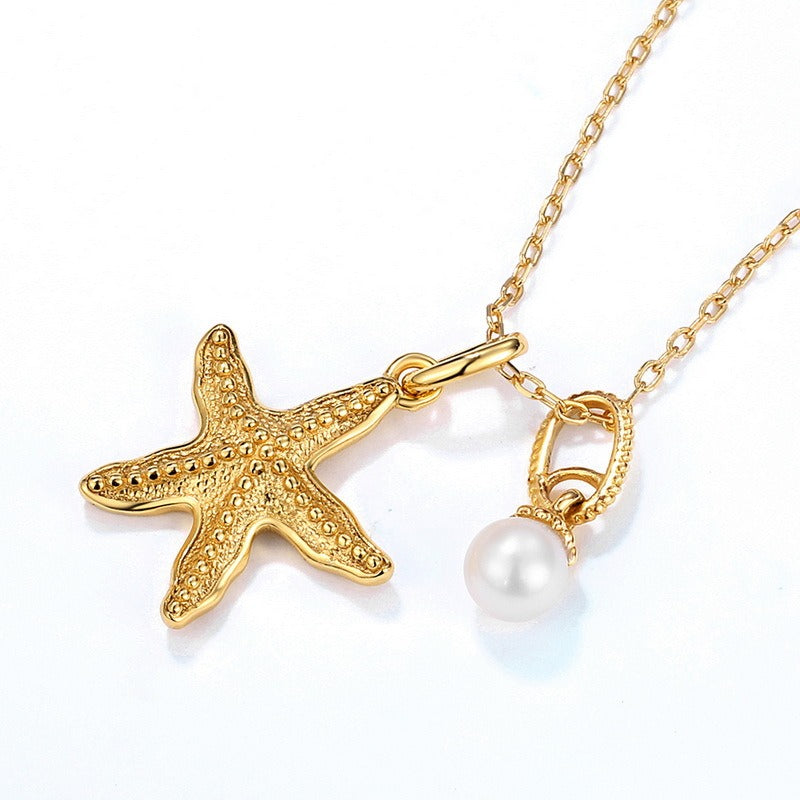 Kemstone Handcrafted Original Design Summer New Starfish Necklace for Women - S925 Silver with 9K Gold Plated and Natural Freshwater Pearl,18"