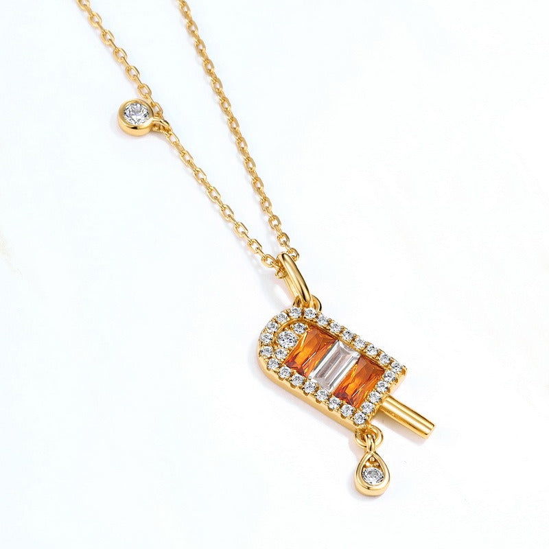 Collar de helado naranja de verano, diseño original artesanal de Kemstone para mujer - Colgante de helado de plata de ley S925 con nanocircón amarillo