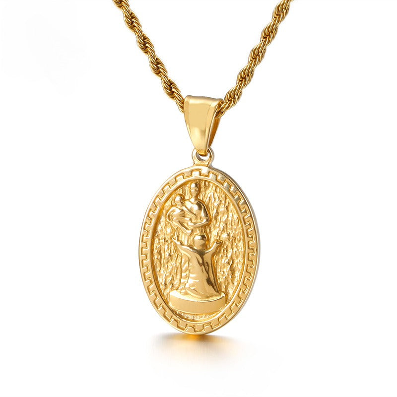 Kemstone Gothic Madonna Coin Pendant – Matte Alloy Necklace for Men with Vintage Religious Edge KP80836-Z