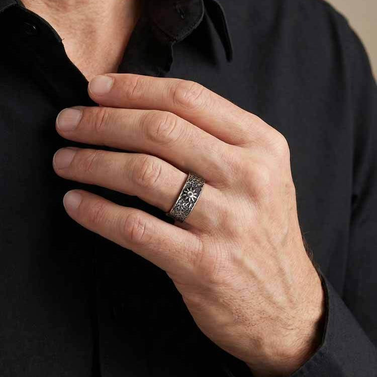 Kemston Sun Moon Ring for Men Stainless Steel Textured Vintage RC-1146