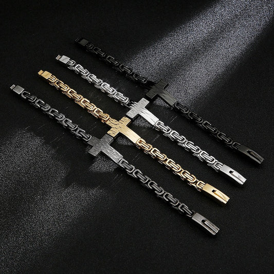 Kemstone Cross Pendant Retro Bracelet – Titanium Steel Cuff with Imperial Chain Design for Men KB122384