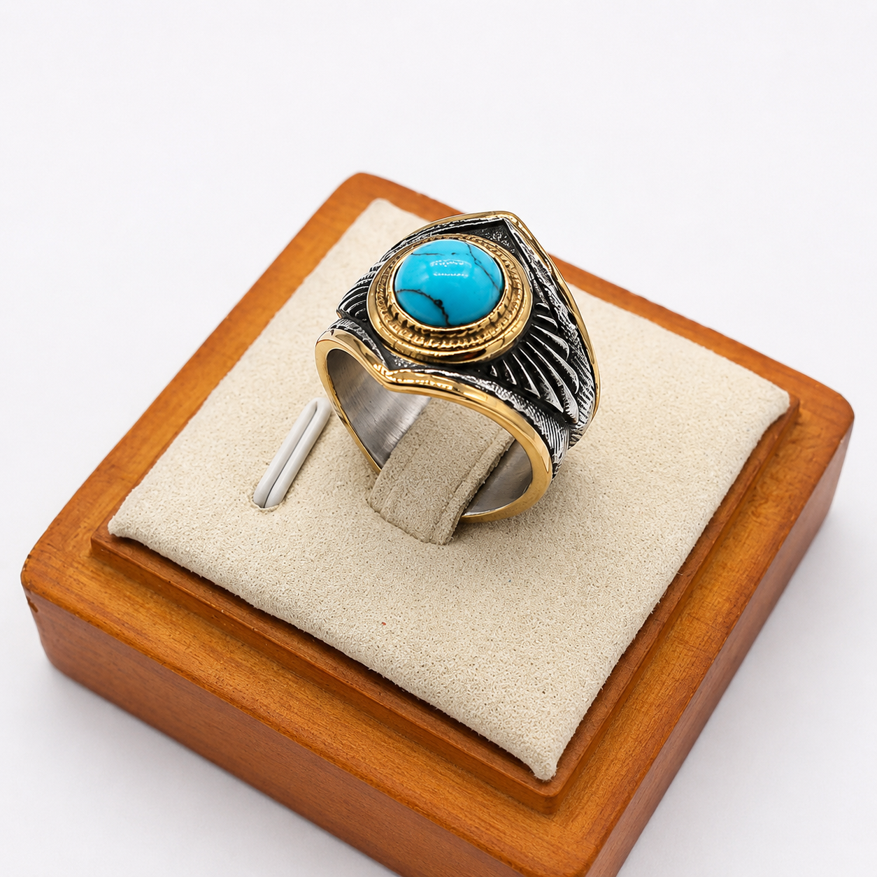 Kemston Turquoise Ring for Men Titanium Steel Feather Texture Vintage Stone R1530