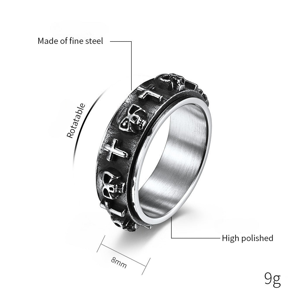 Kemstone Stainless Steel Skull Cross Spinner Ring for Men - Silver Gold Black K-R591