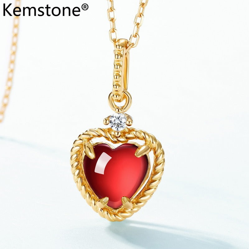 Collar de corazón de granate vintage de diseño original hecho a mano por Kemstone, plata de ley 925 con baño de oro de 10 quilates, colgante de diseño único para un estilo OL moderno, cadena de 45 cm