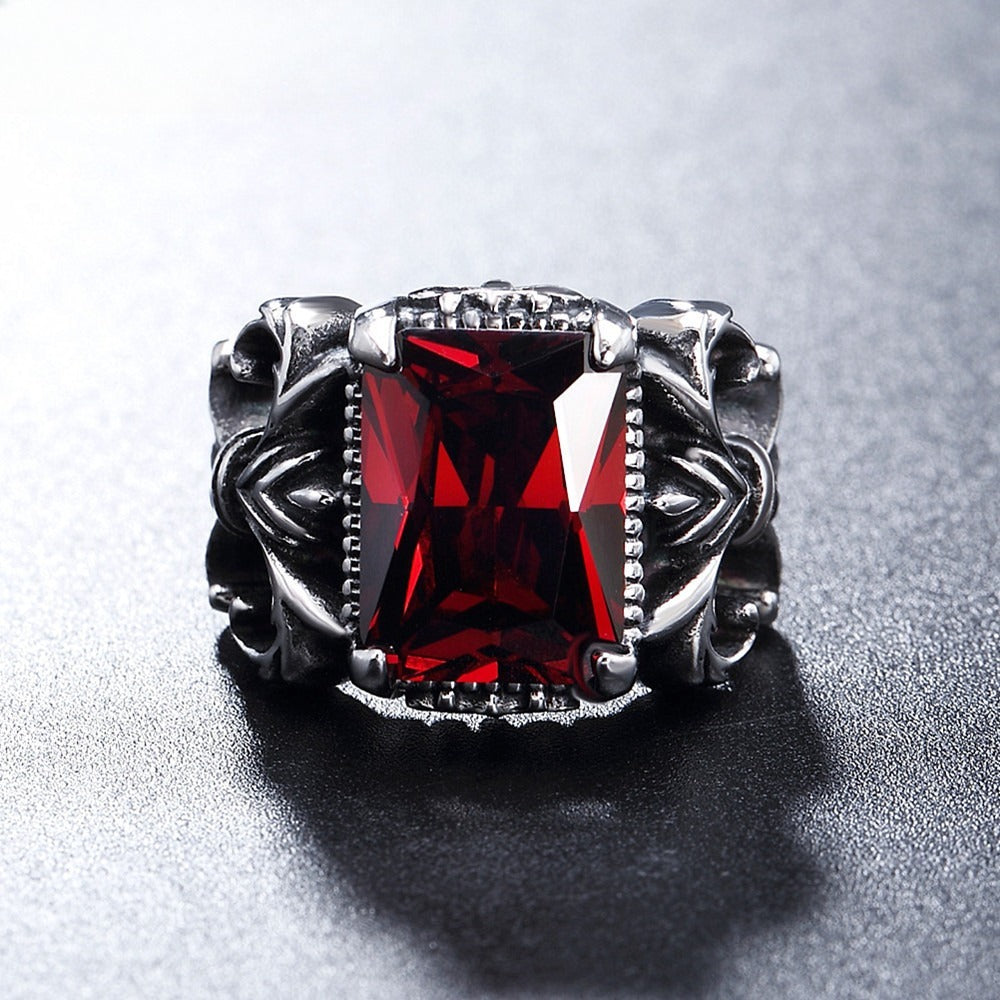 Kemstone Red Stone Statement Ring for Men Titanium Steel Vintage R0053