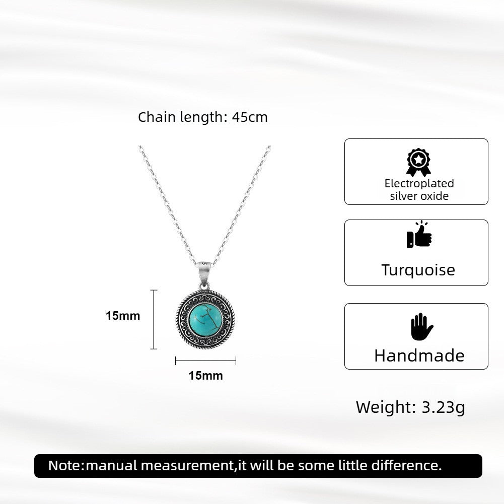 Kemstone 925 Sterling Silver Turquoise Pendant Necklace for Women Vintage Round Coin GMN46