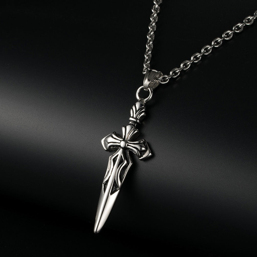Kemstone Sword Cross Pendant Necklace for Men – Stainless Steel Silver K-PT155