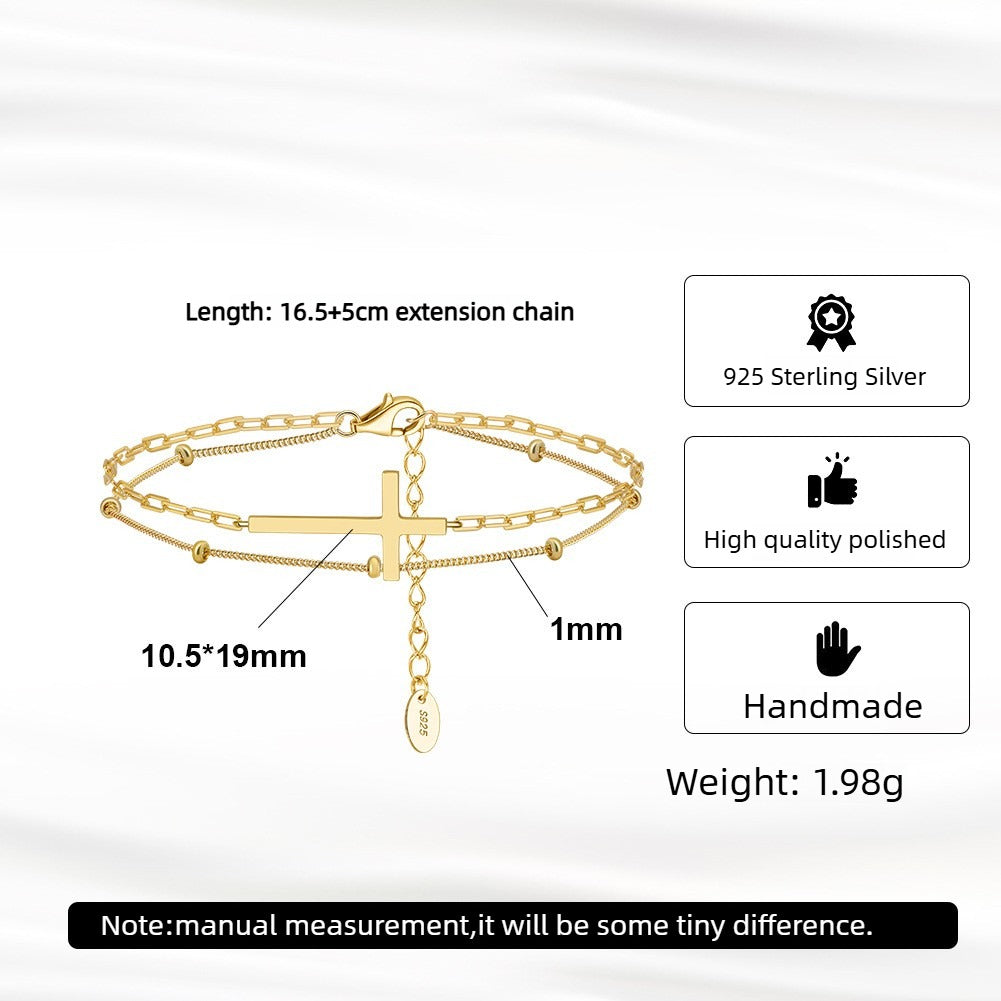 Kemstone 925 Sterling Silver Cross Bracelet for Women Layered Chain Gold Silver SB197