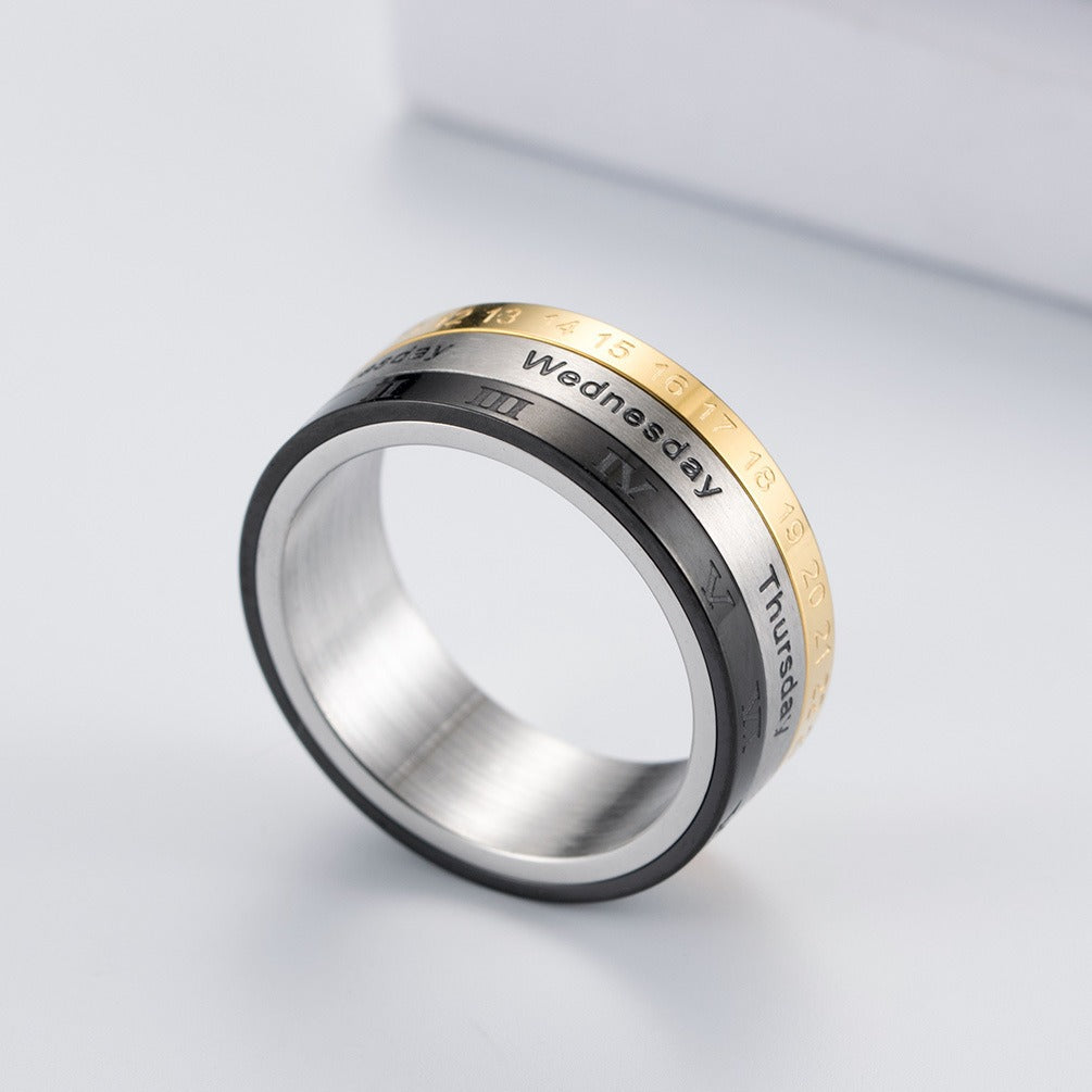 Kemstone Stainless Steel Calendar Ring for Men Roman Numeral Spinner Band K-R076