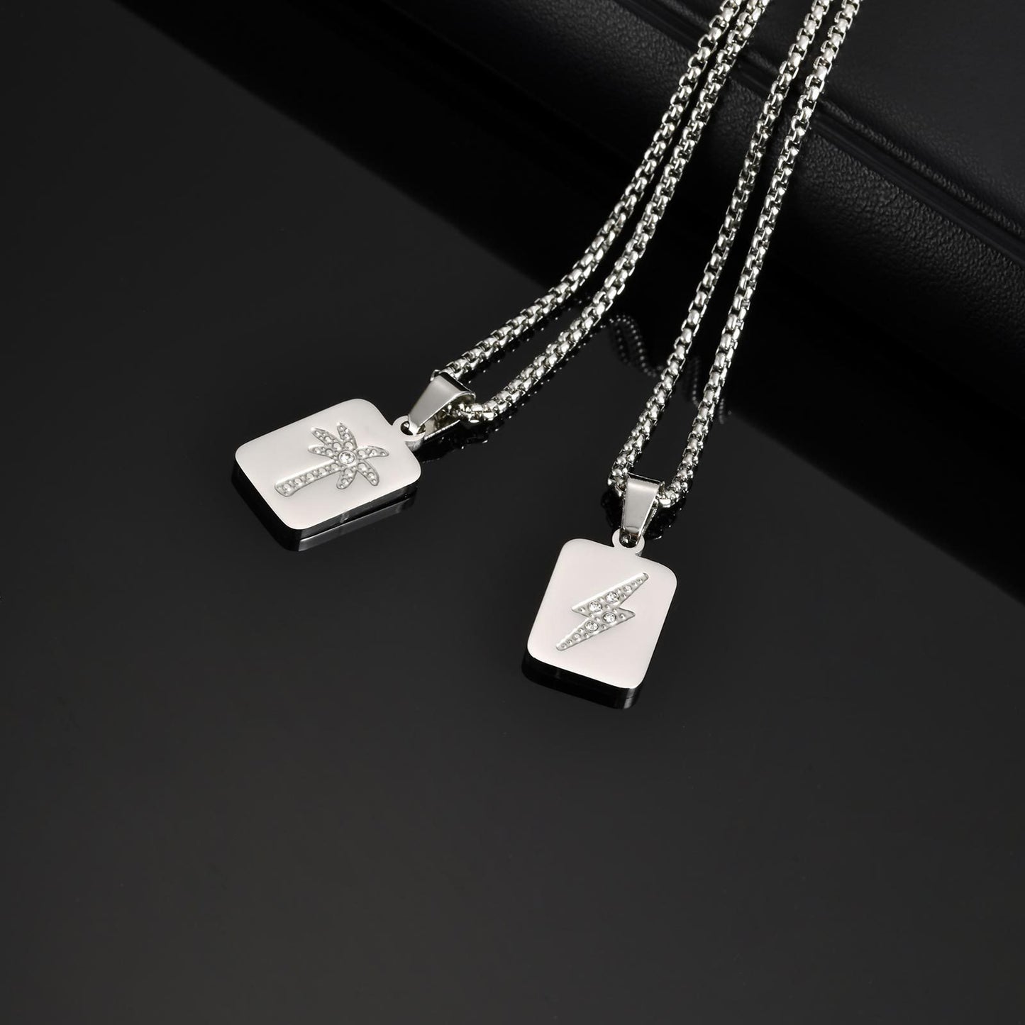 Kemstone Stainless Steel Square Palm Tree & Lightning Pendant Necklace for Men PN-2171
