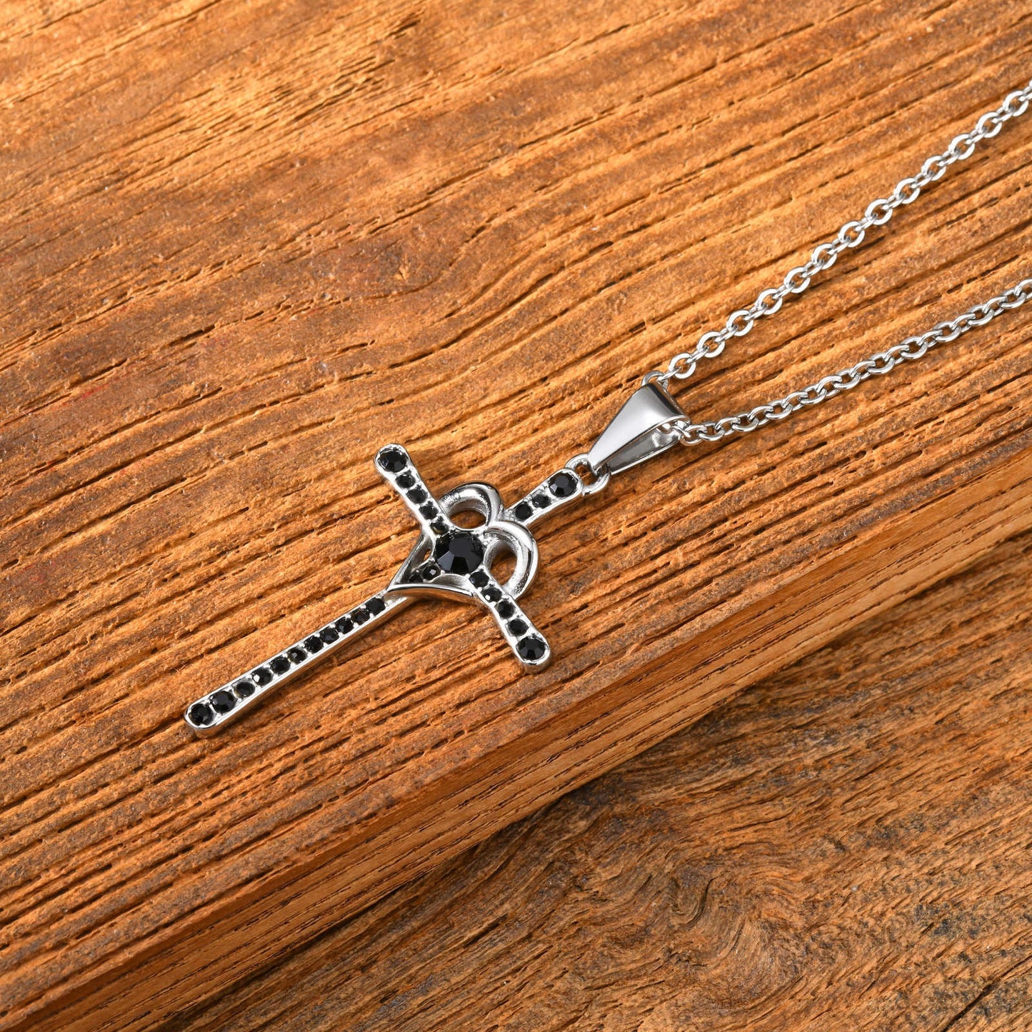 Kemstone Cross Pendant Necklace for Men Stainless Steel Black Cubic Zirconia Heart Curve Chain PN-2268S