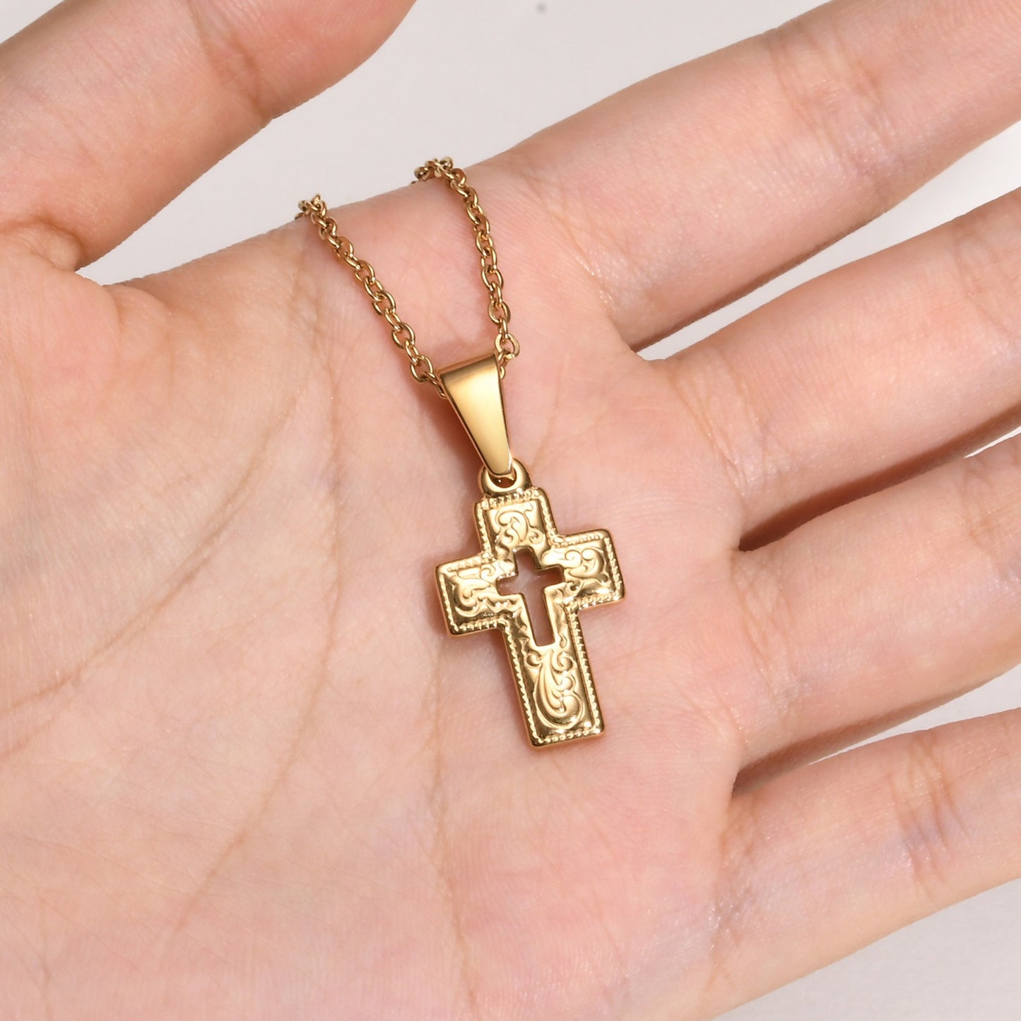 Kemstone Gold-Plated Stainless Steel Cross Pendant Necklace – Vintage Relief Style for Men & Women PN2009