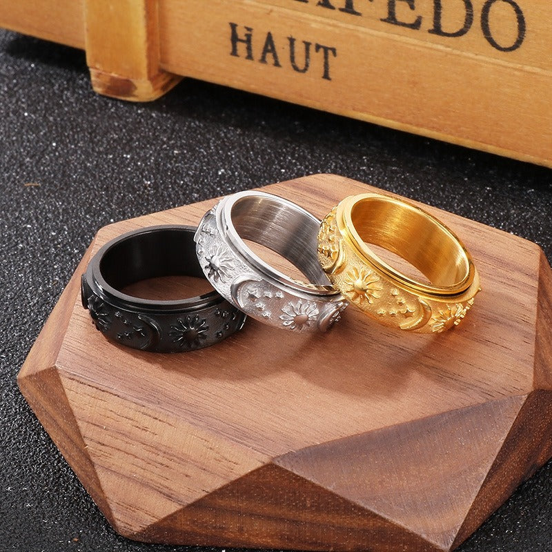 Kemstone Celestial Spinner Ring – Titanium Steel Sun Moon Star Fidget Band for Men, Gothic Streetwear Style KR105136