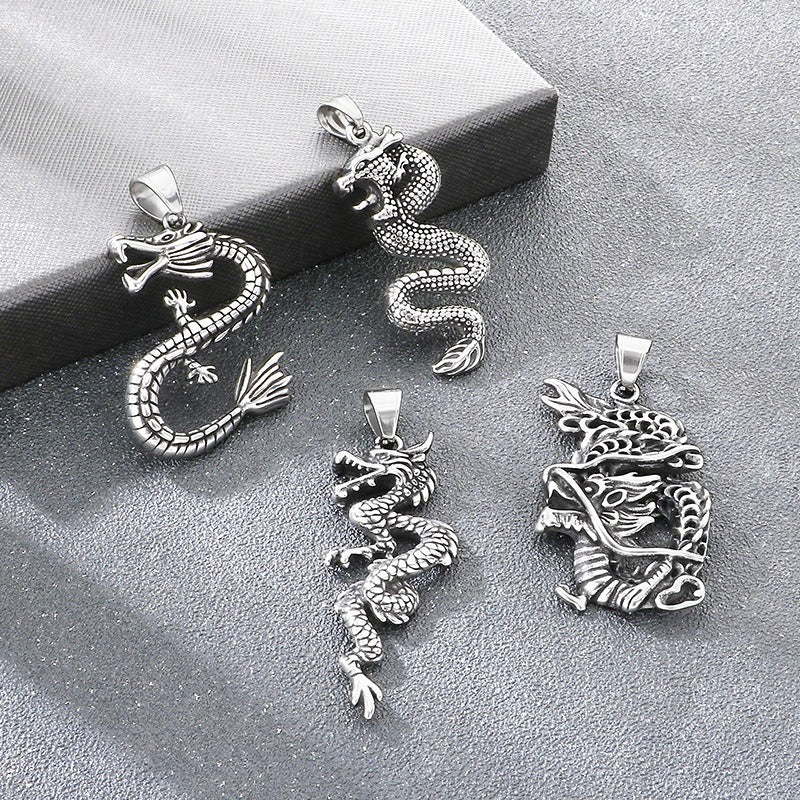 Kemstone Dragon Pendant Necklace for Men Titanium Steel Vintage Oxidized Silver Animal Chain KP117731-LU