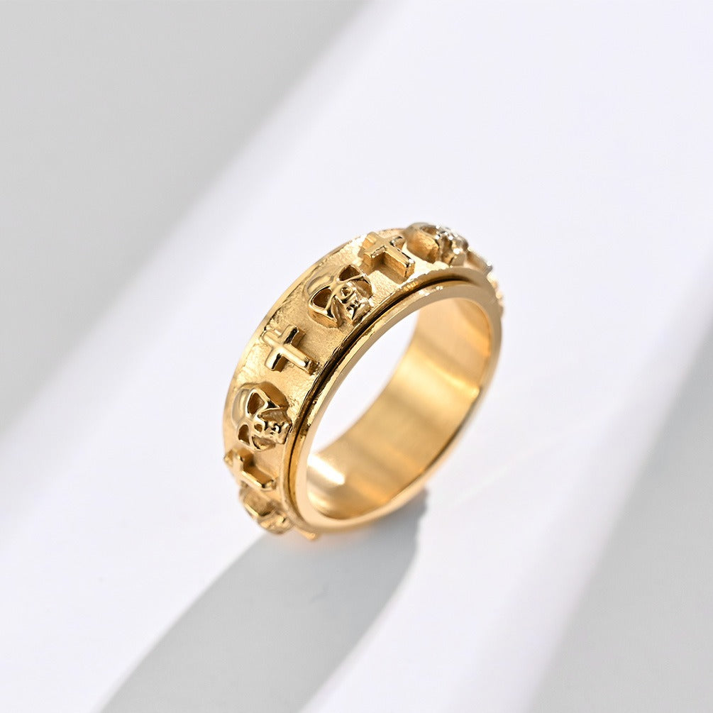 Kemstone Stainless Steel Skull Cross Spinner Ring for Men - Silver Gold Black K-R591