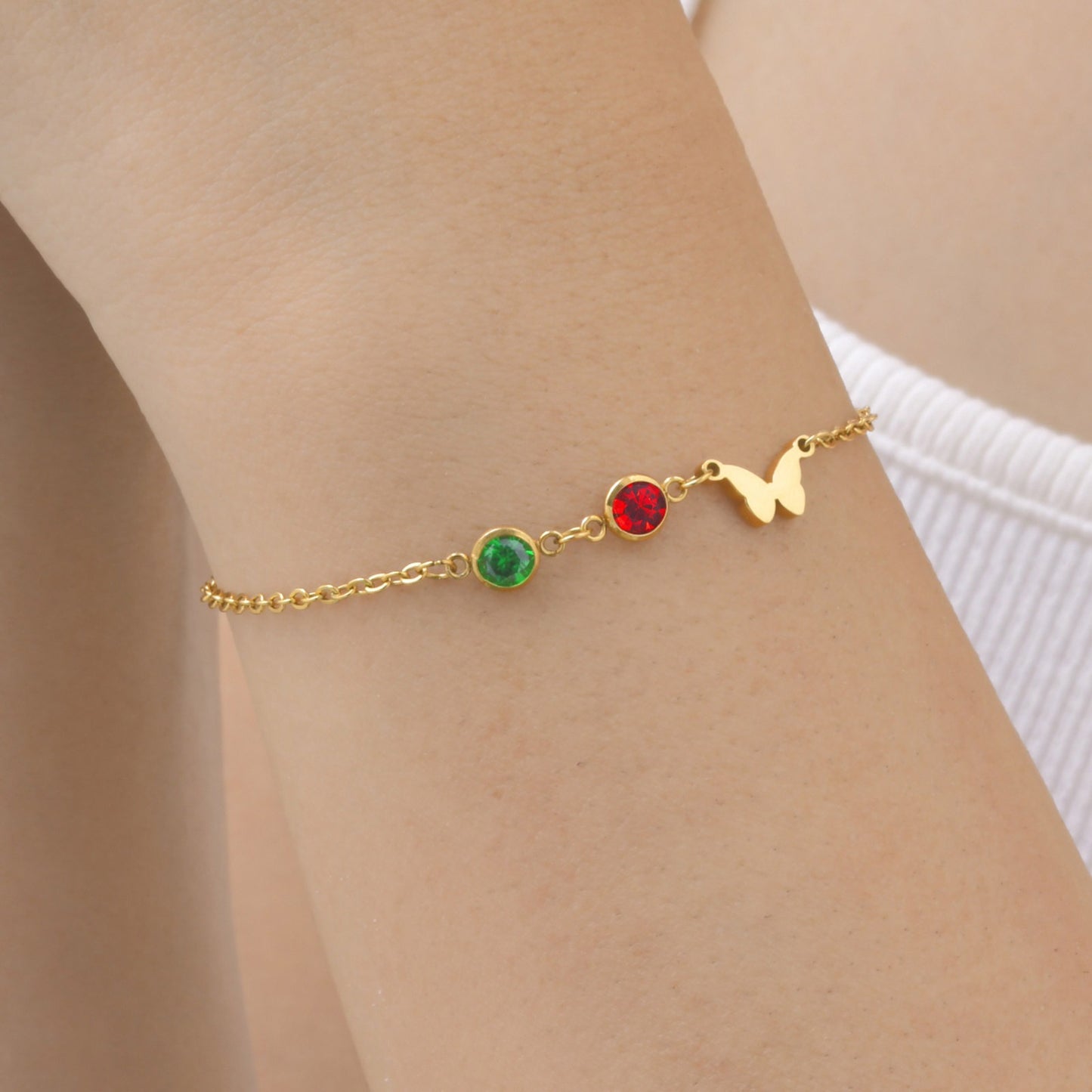 Stainless Steel Flat Cross Chain Bracelet with Red/Green Zirconia Butterfly Accents – Elegant Jewelry for Women BR-2142