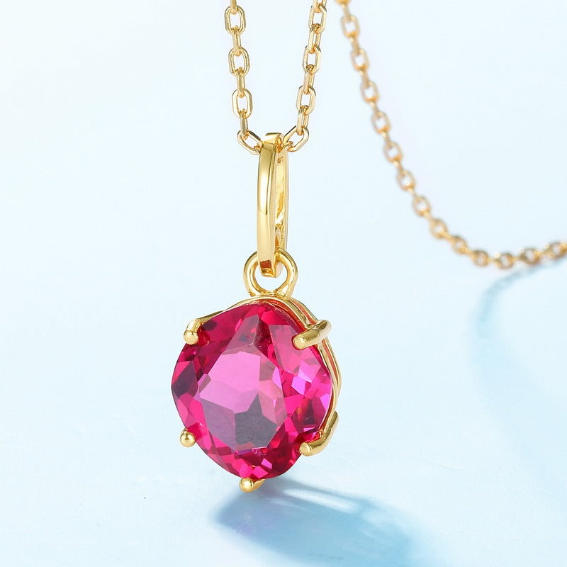 Collar de clavícula de plata de ley S925 con diseño original artesanal de Kemstone, con colgante de rubí cultivado en laboratorio color vino tinto, 45,7 cm
