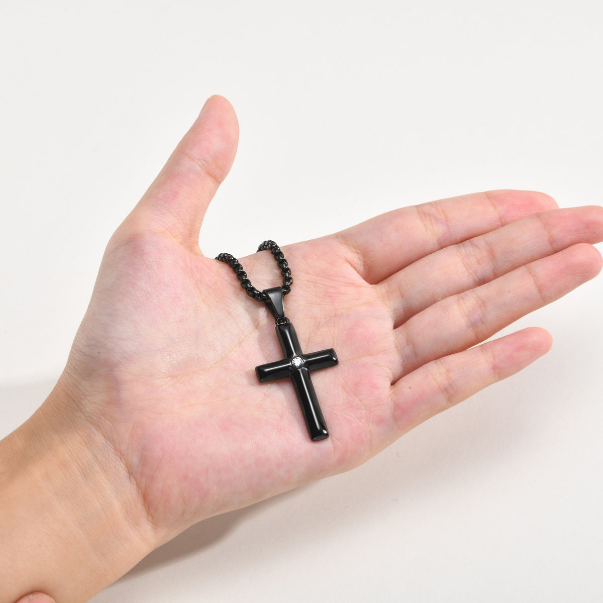 Kemstone Black Cross Pendant Necklace for Men Stainless Steel Cubic Zirconia Center PN-2440