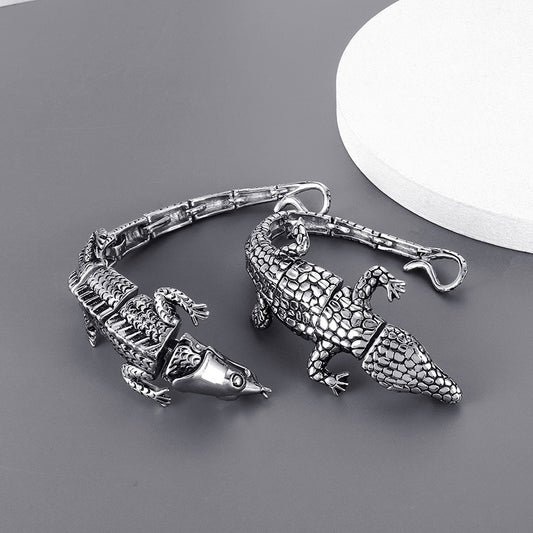 Kemstone Matte Black Titanium Steel Bracelet - Edgy Skeleton Clasp & Crocodile Textured Chain for Retro Unisex Style KB33468-D