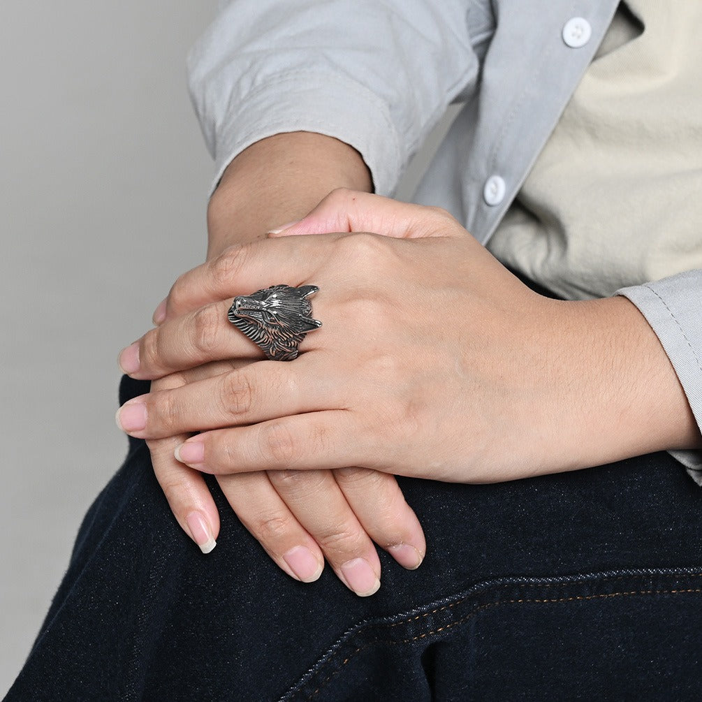 Kemston Stainless Steel Wolf Head Signet Ring for Men Gothic Viking Animal Jewelry K-R1086