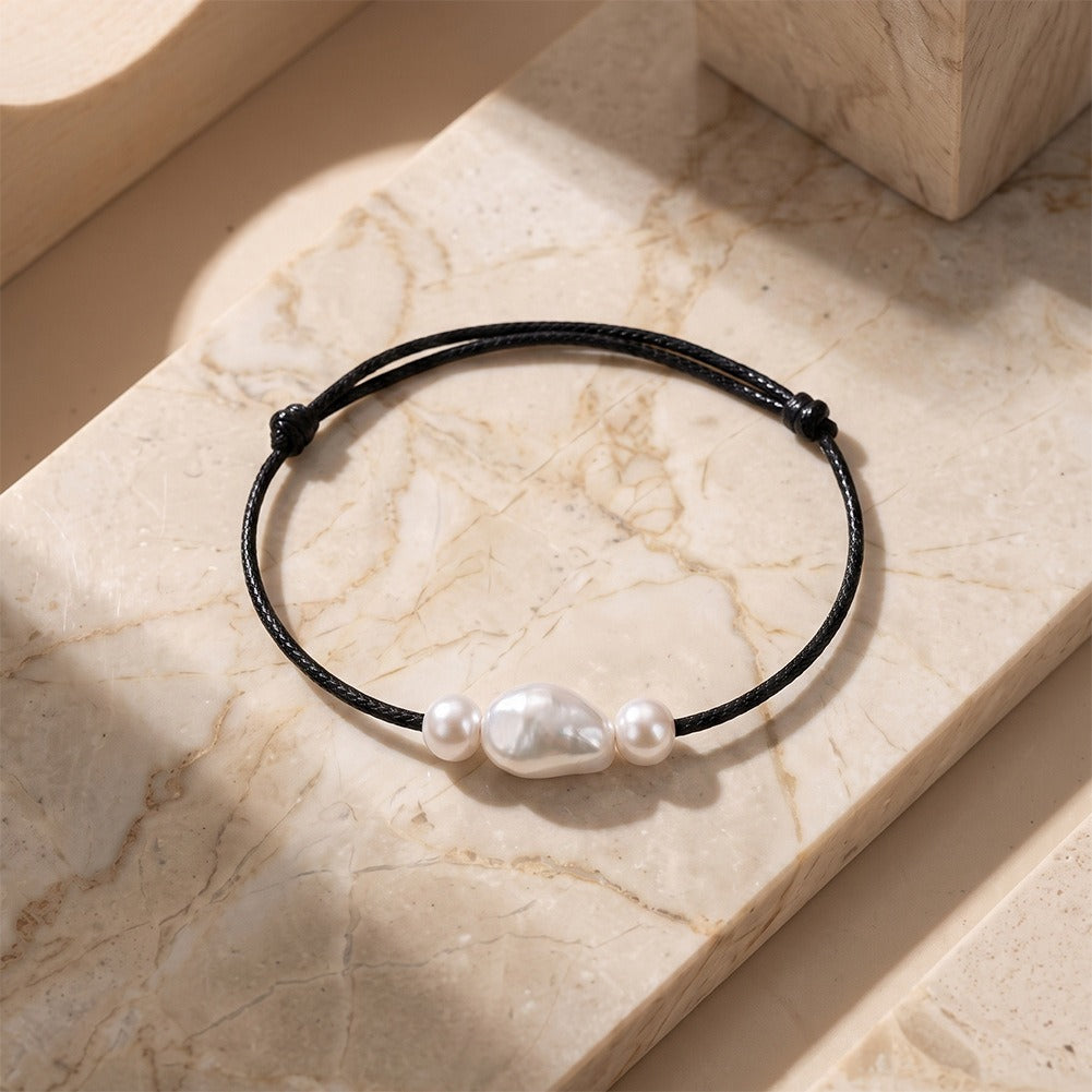 Kemston Three Pearl Baroque Freshwater Pearl Bracelet for Women Adjustable Black Cord GPB73