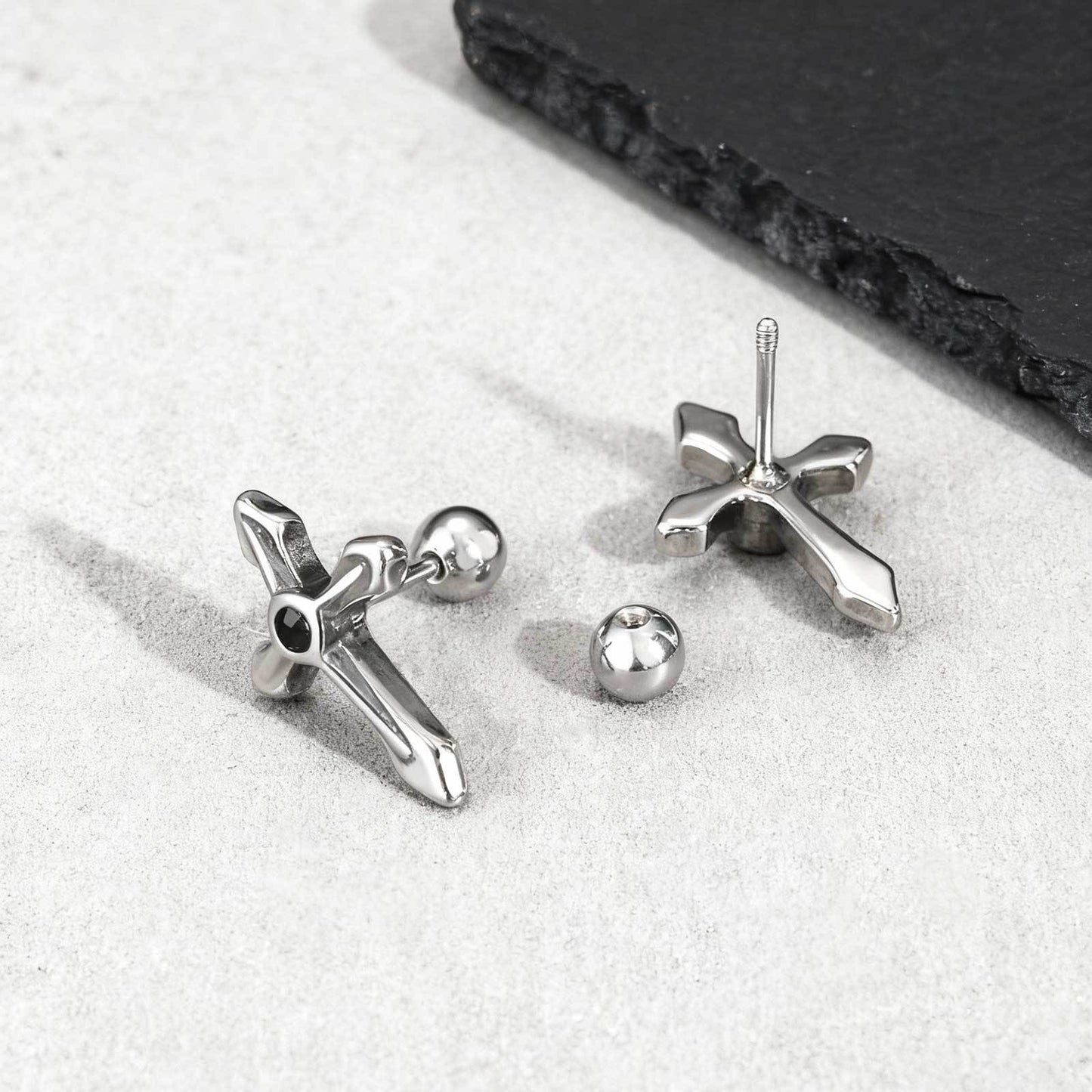 Kemstone Stainless Steel Cross Stud Earring for Men – Black Cubic Zirconia ES-745