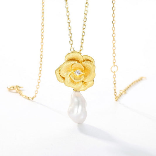 Kemstone Vintage Baroque Pearl Pendant Necklace – 925 Silver 10K Gold Camellia Flower Jewelry for Women