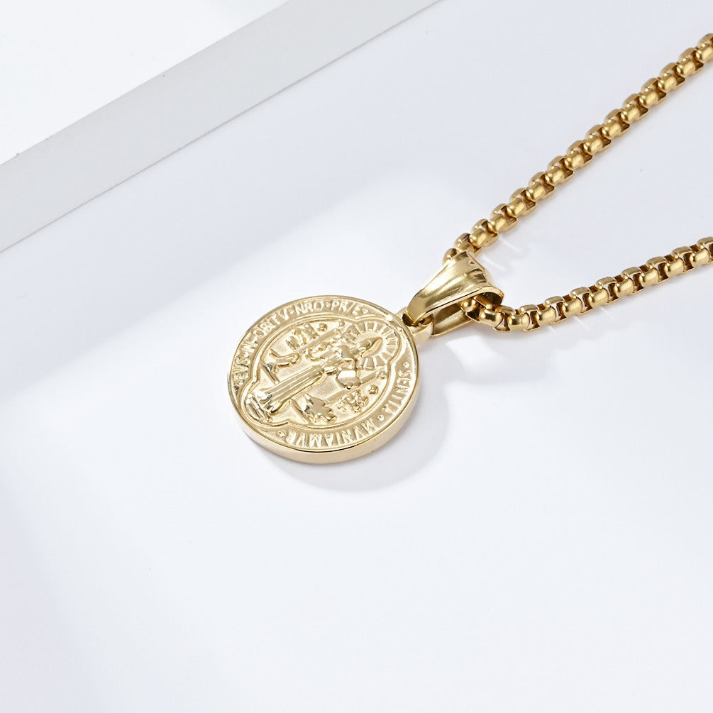 Kemstone Stainless Steel Saint Benedict Exorcism Coin Pendant Necklace for Men K-PT549
