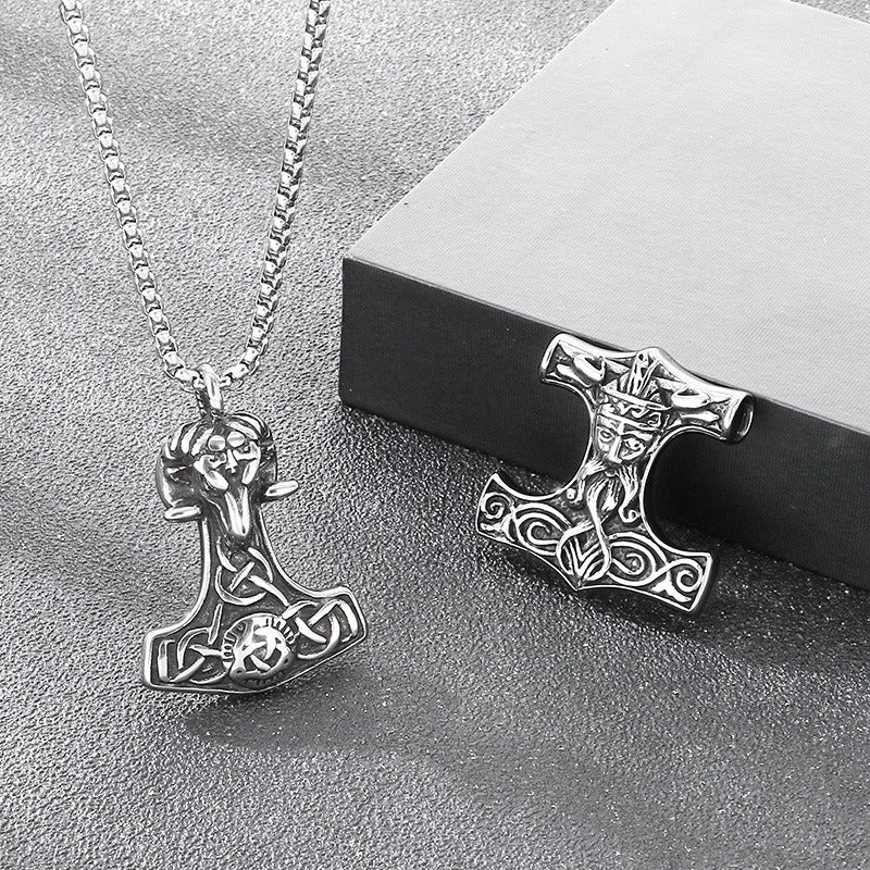 Kemstone Viking Hammer Pendant Necklace for Men - Titanium Steel Norse Rune Style KP117744-LU