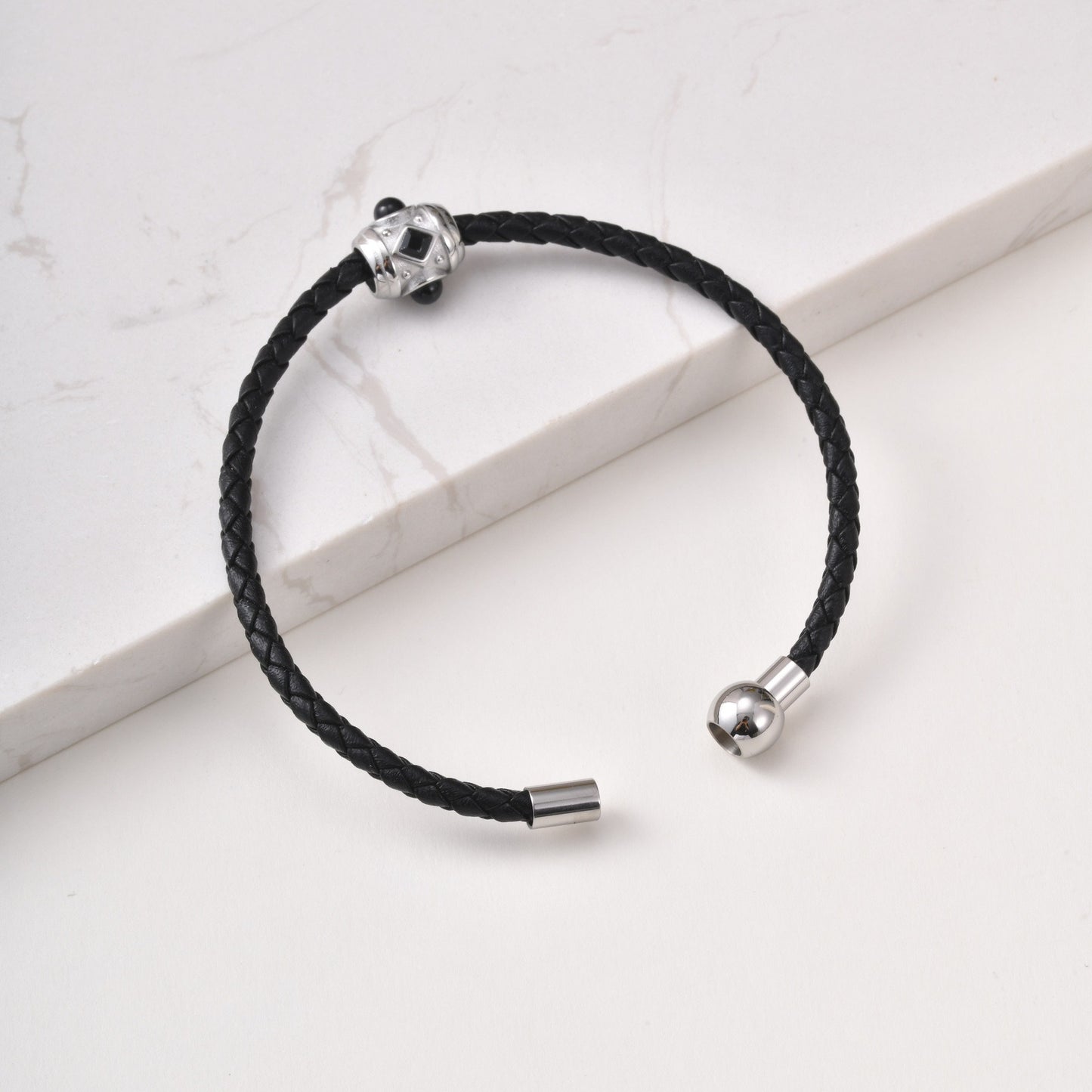 Kemstone Black Leather Bracelet for Men Stainless Steel Zirconia Agate Detail BL-812