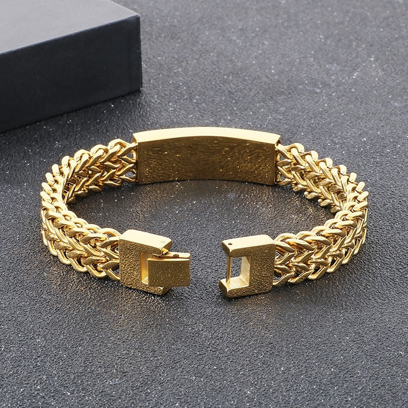 Kemstone Hiphop Zirconia-Encrusted Vintage Dual-Chain Tiger's Eye Stone Curb Men's Bracelet KB187685