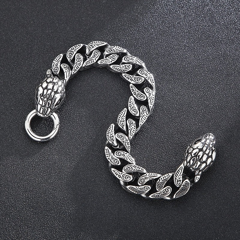 Kemstone Double Snake Head Bracelet – Titanium Steel Cuban Chain for Men | Gothic Punk Vintage Style KB161368-KJX