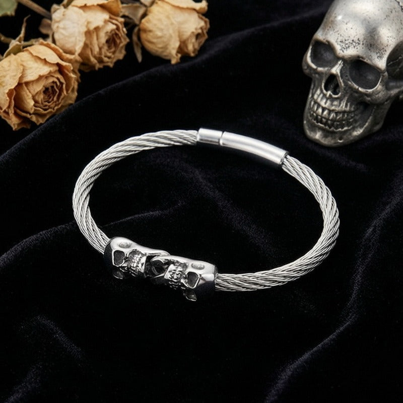 Kemstone Titanium Steel Double Skull Cable Bracelet for Men KB86274-BD
