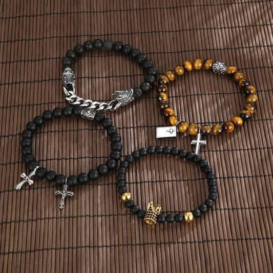 Kemstone Black Onyx & CZ Zircon Crown Freemason Cross Tiger Eye Stone Men's Beaded Bracelet - Mystical Craftsmanship for Everyday Occasions KB69789-BD