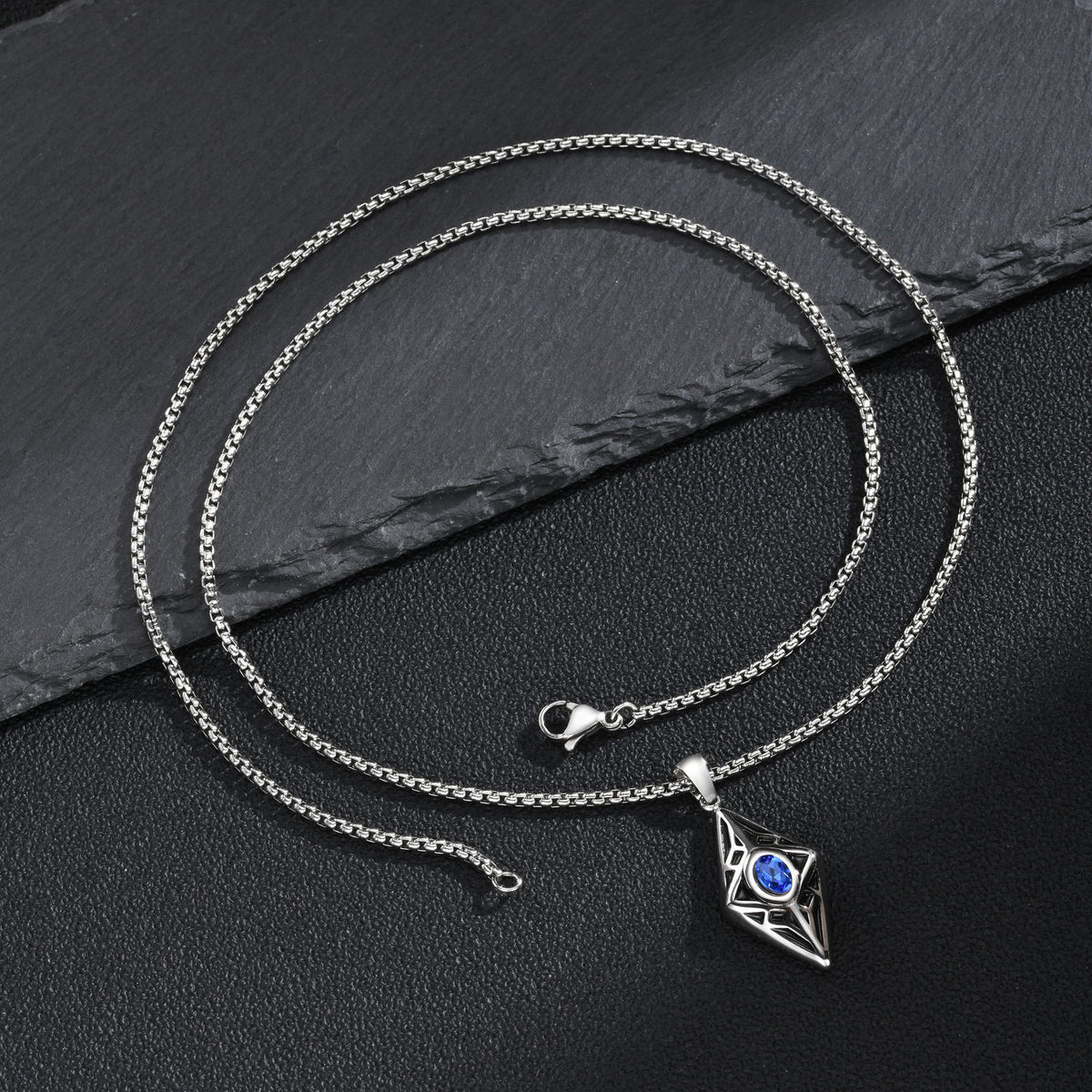 Kemstone Blue Cubic Zirconia Geometric Pendant Necklace for Men Stainless Steel PN-2454