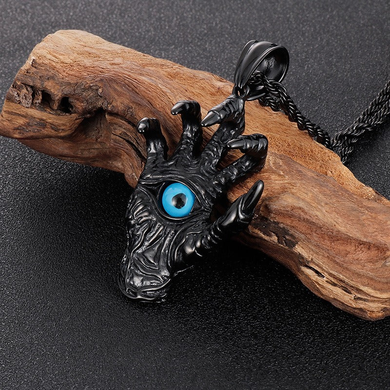 Collana con ciondolo in acciaio al titanio Kemstone Vintage con mano malvagia e occhio blu - Design audace con artiglio di drago per tutti i giorni KP80274