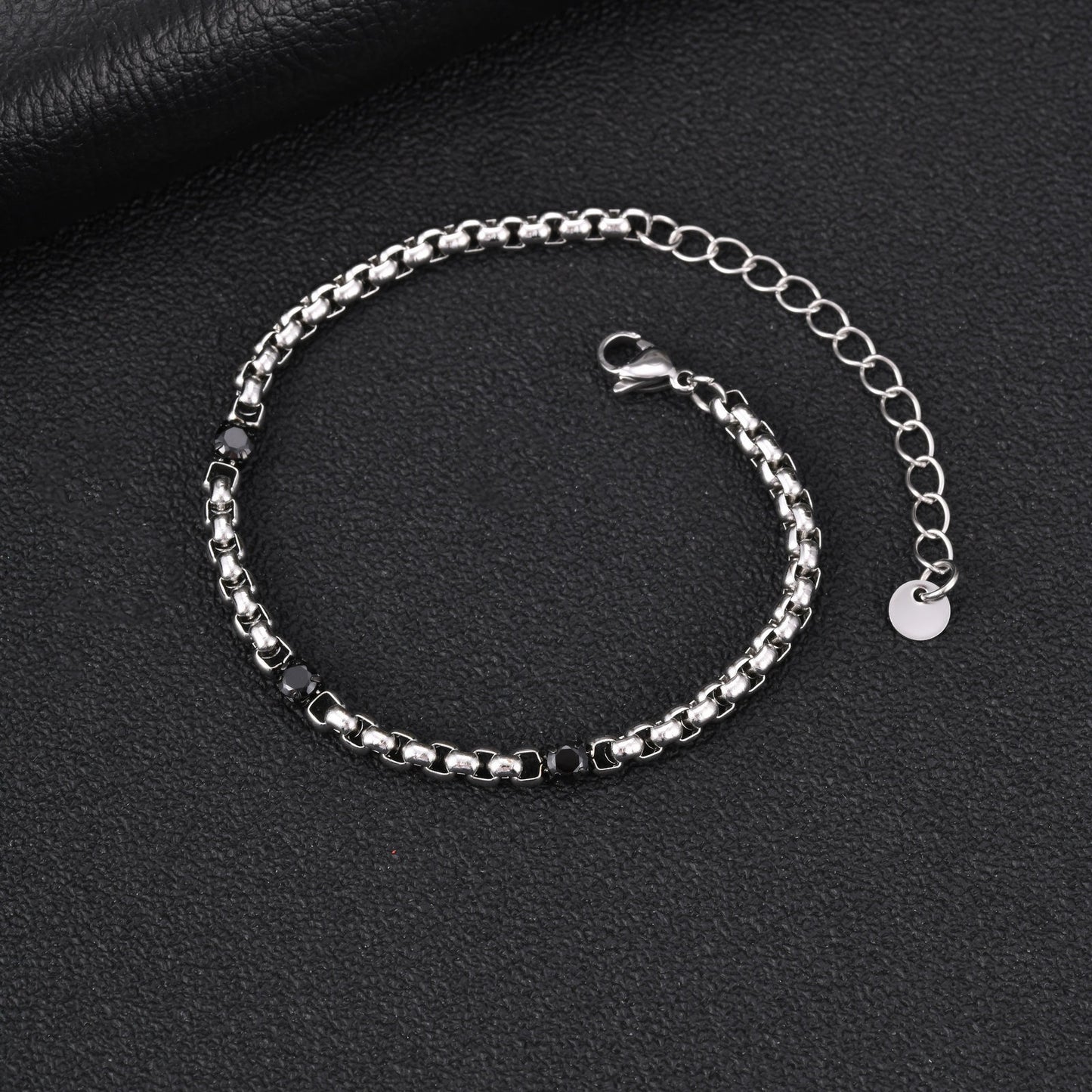 Kemston Stainless Steel Black Cubic Zirconia Beaded Chain Bracelet for Men Street Style BR-3103